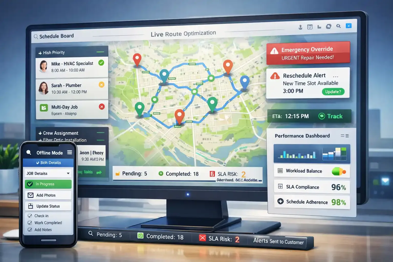 Modern field service scheduling dashboard with map, routing, and metrics